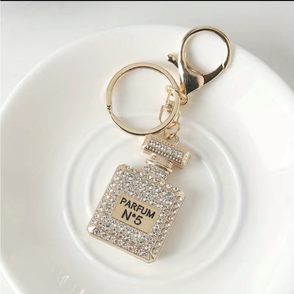 Perfume Bottle ClearWhite/Gold Bag Charm/Keychain